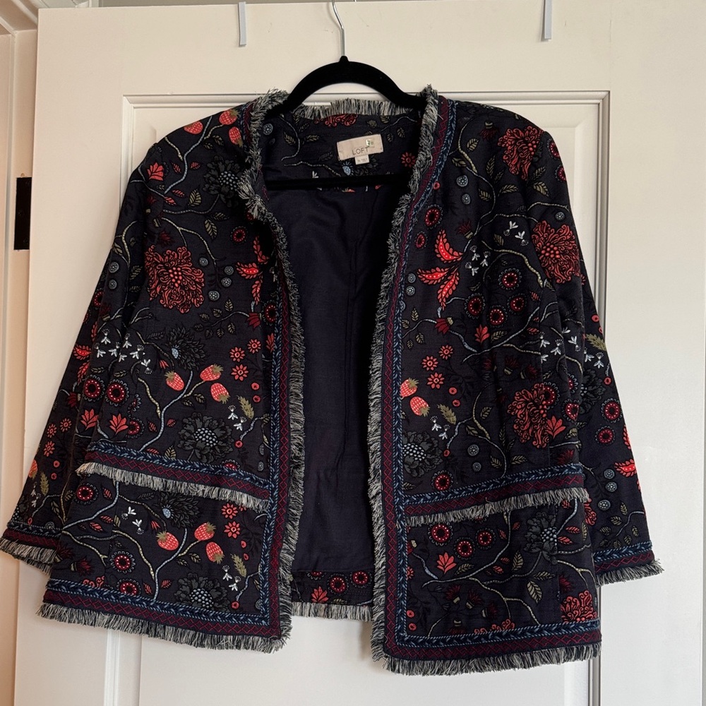 LOFT Navy Blazer Jacket with Red and Blue Embroidery